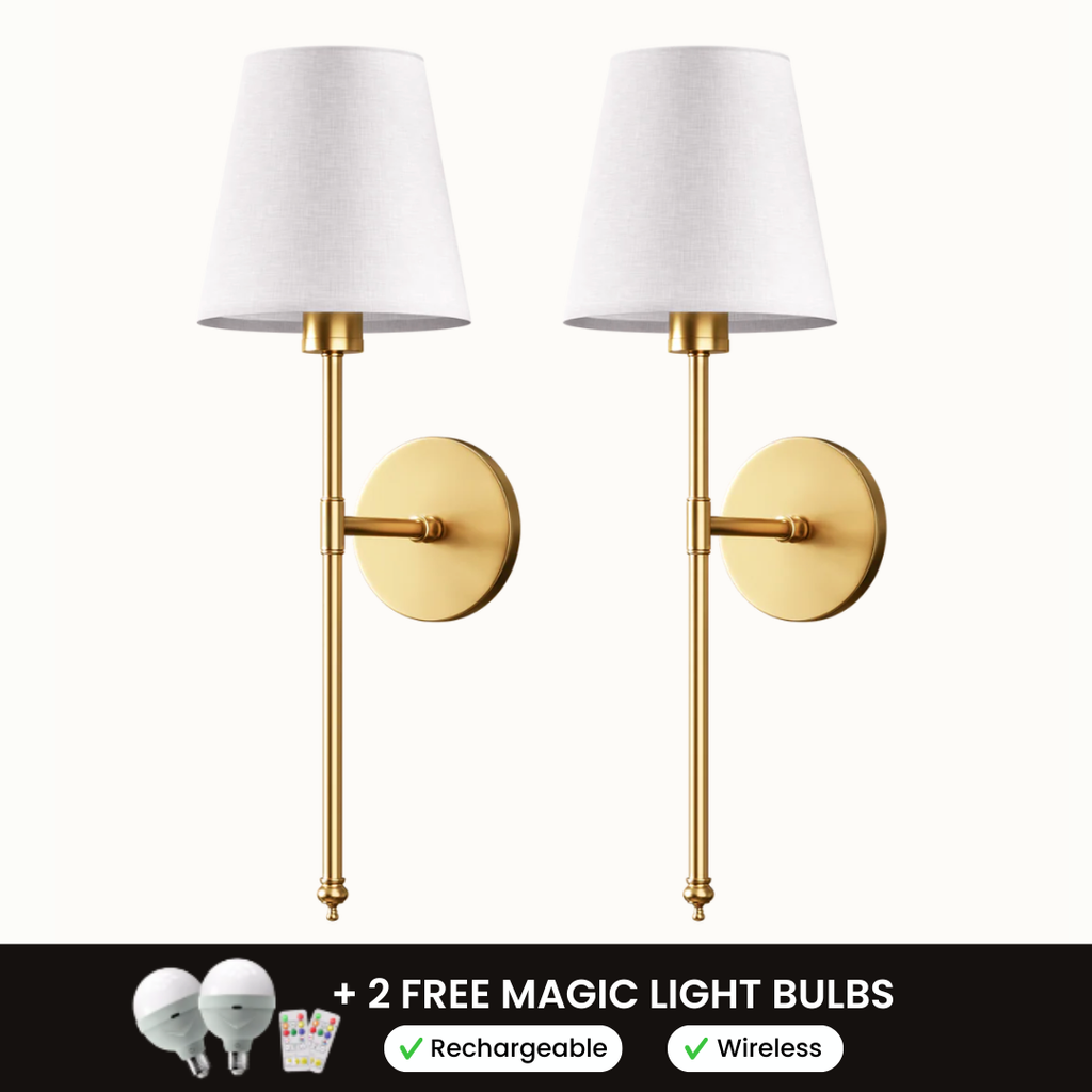 WIRELESS WALL SCONCES (SET OF 2 + 2 FREE BULBS INCLUDED)